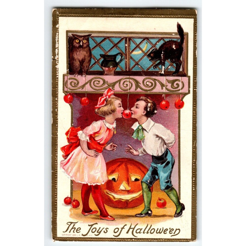 Halloween Postcard Children Black Cat Owl JOL Apples Conwell Emboss Vintage 1910